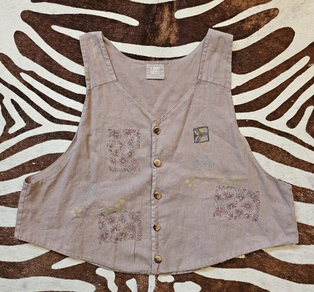 Vintage 90s Blue Fish Clothing Vest Organic Cotton Hand Painted Size XL